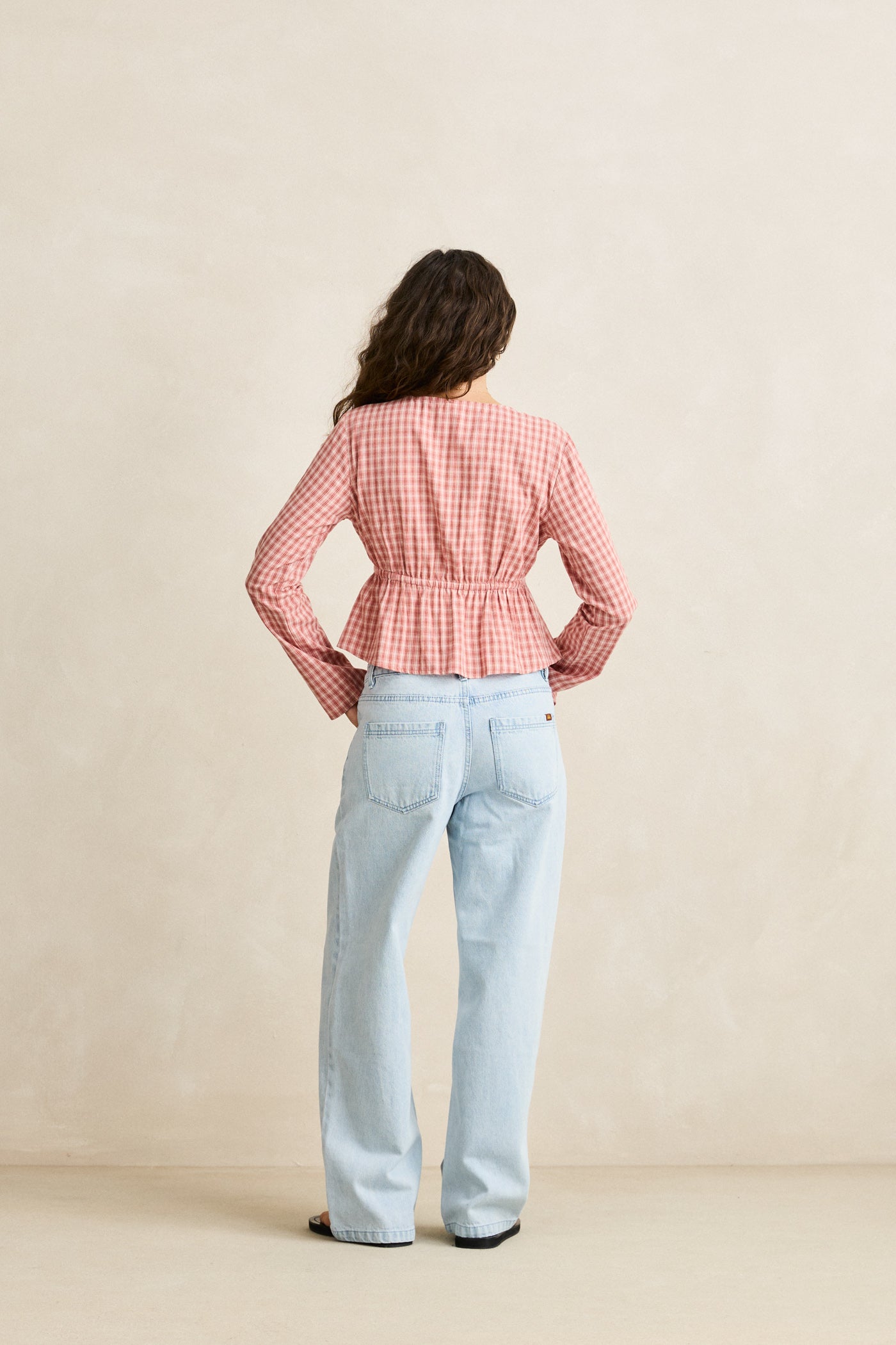 Kirra Check Tie Front Long Sleeve Top