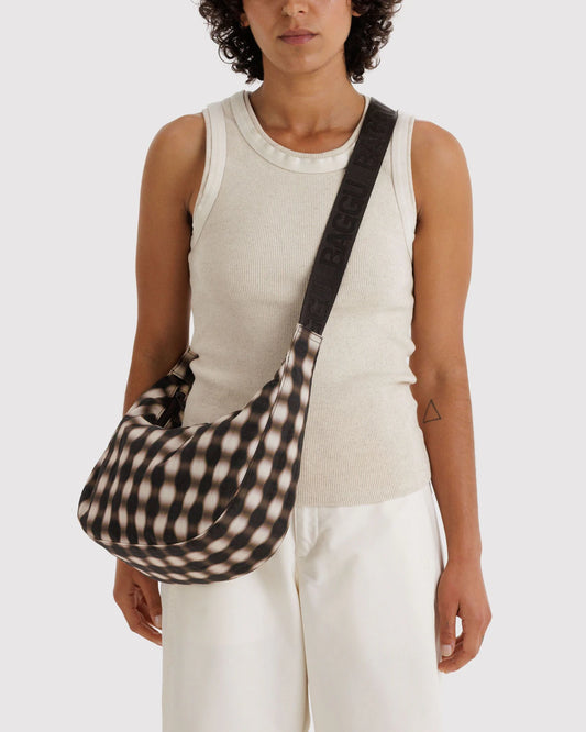 Medium Nylon Crescent Bag - Blurred Gingham Brown