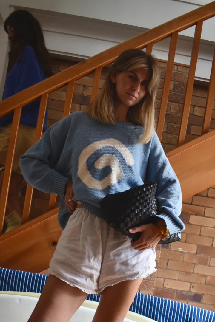 Ladies Organic Swirl Intarsia Knit Pull Over - Duck Egg