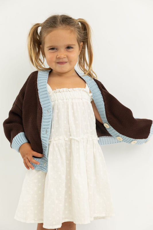 Rye Cotton Knitted Contrast Cardigan- Coffee/sky Blue
