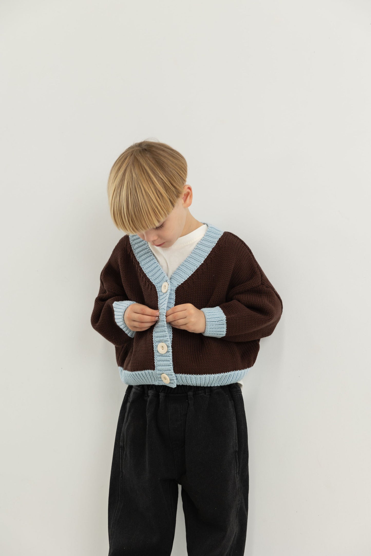 Rye Cotton Knitted Contrast Cardigan- Coffee/sky Blue