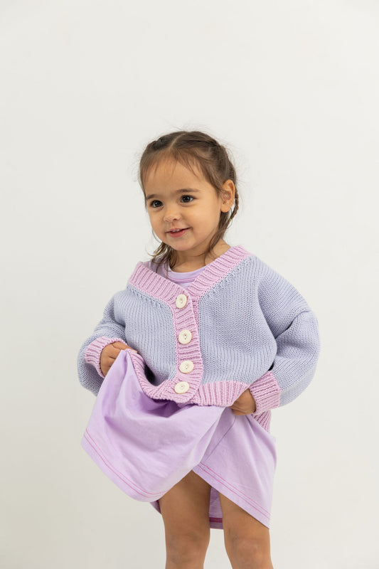 Rye Cotton Knitted Contrast Cardigan- Lilac/Pink