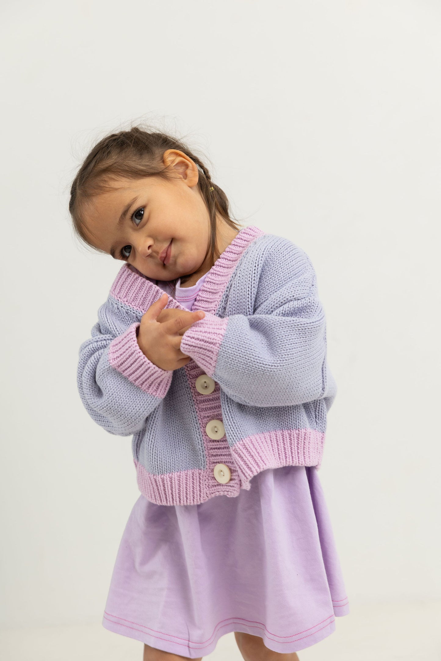 Rye Cotton Knitted Contrast Cardigan- Lilac/Pink