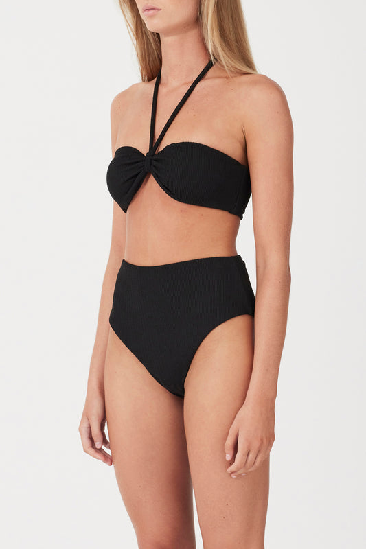 Black Textured Waisted Full Brief- Black
