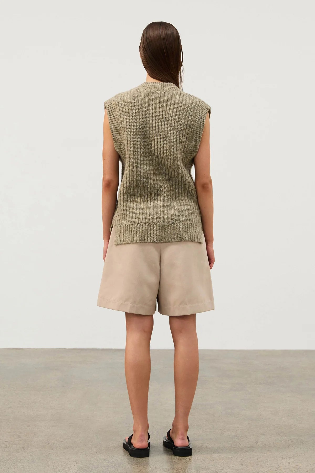 Olive Merino Wool Blend Rib Knit Vest - Olive