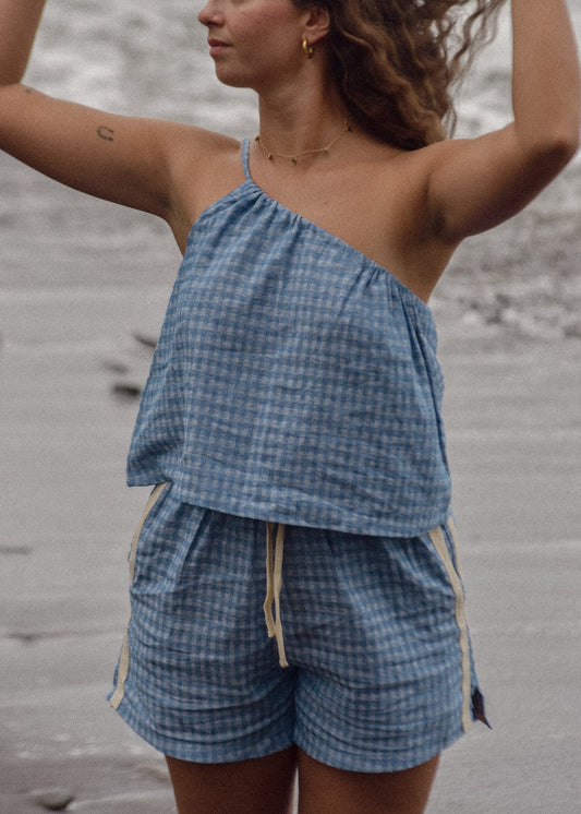 One Shoulder Tie Top in Blue Gingham