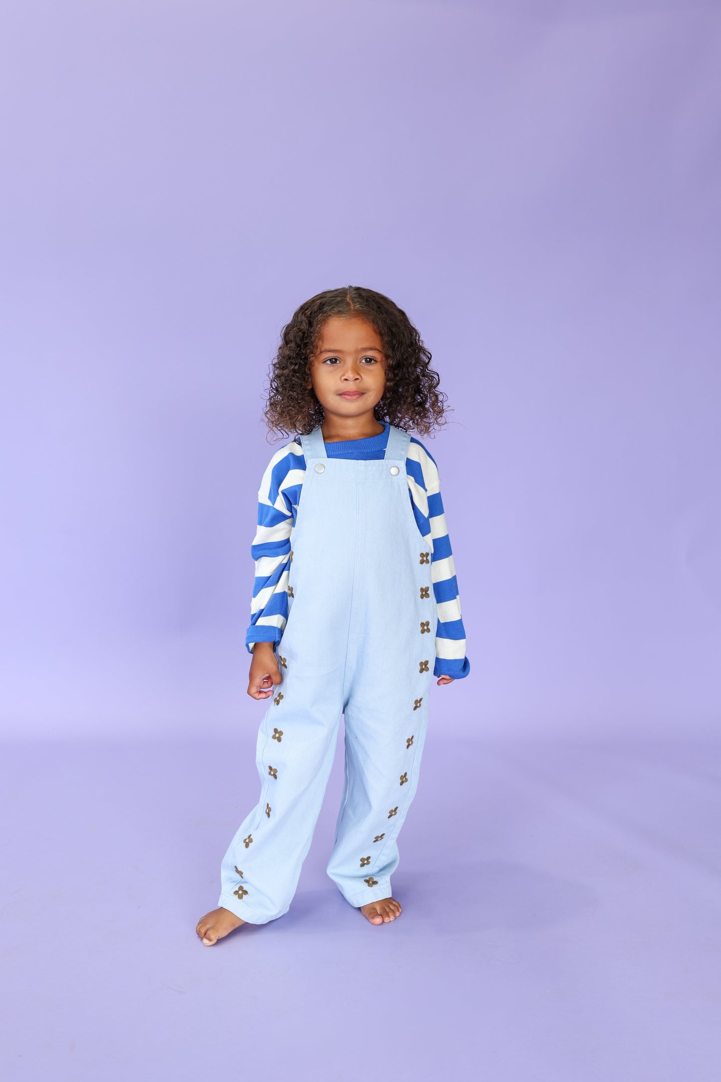 Organic Embroidery Posie Overalls- Ice Blue