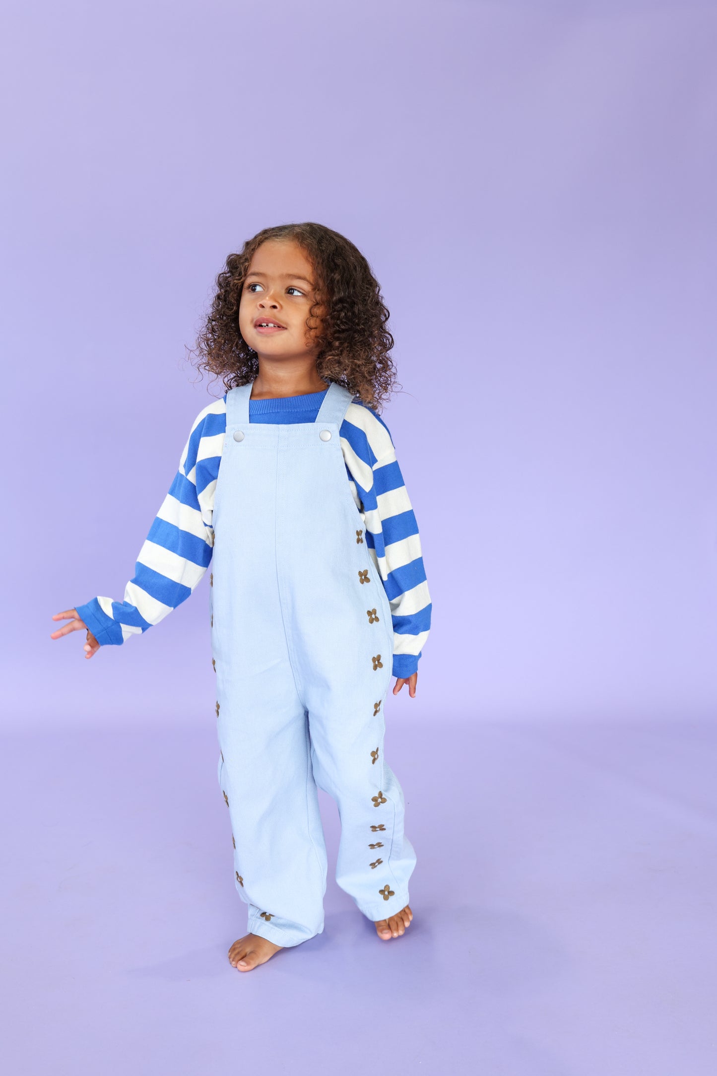 Organic Embroidery Posie Overalls- Ice Blue