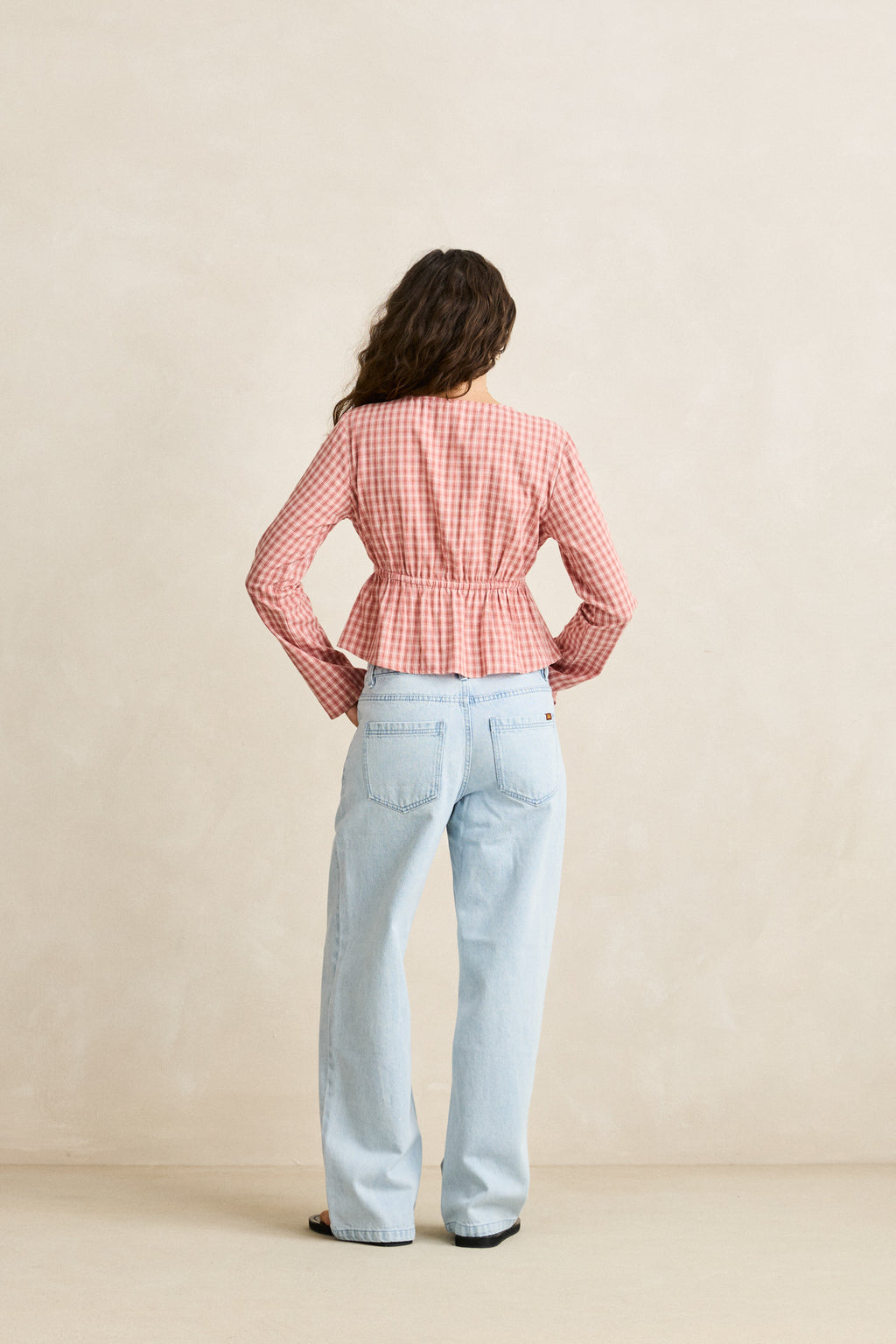 Kirra Check Tie Front Long Sleeve Top