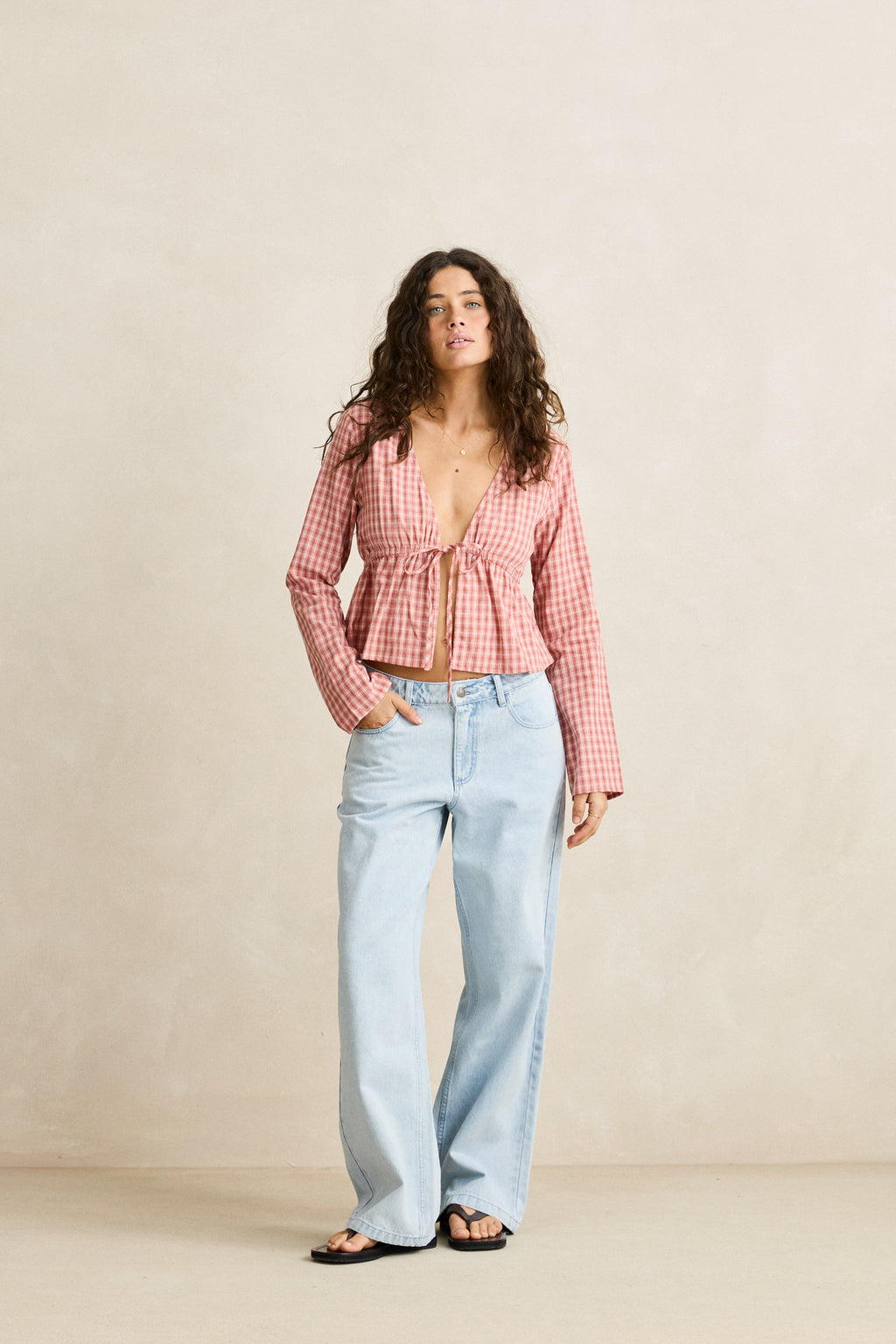 Kirra Check Tie Front Long Sleeve Top
