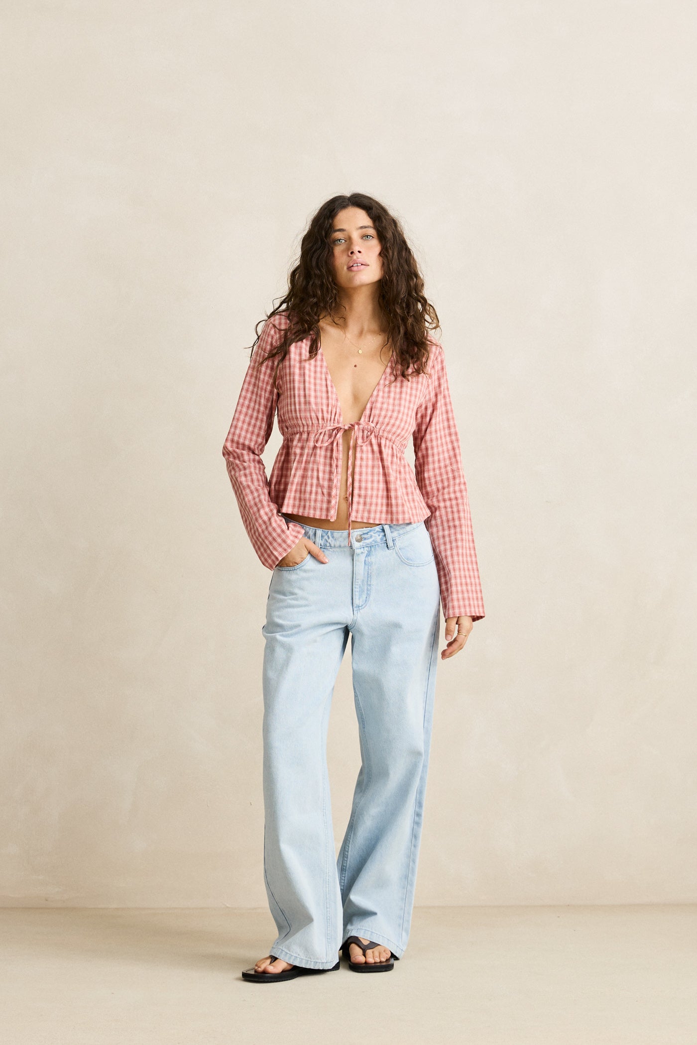 Kirra Check Tie Front Long Sleeve Top