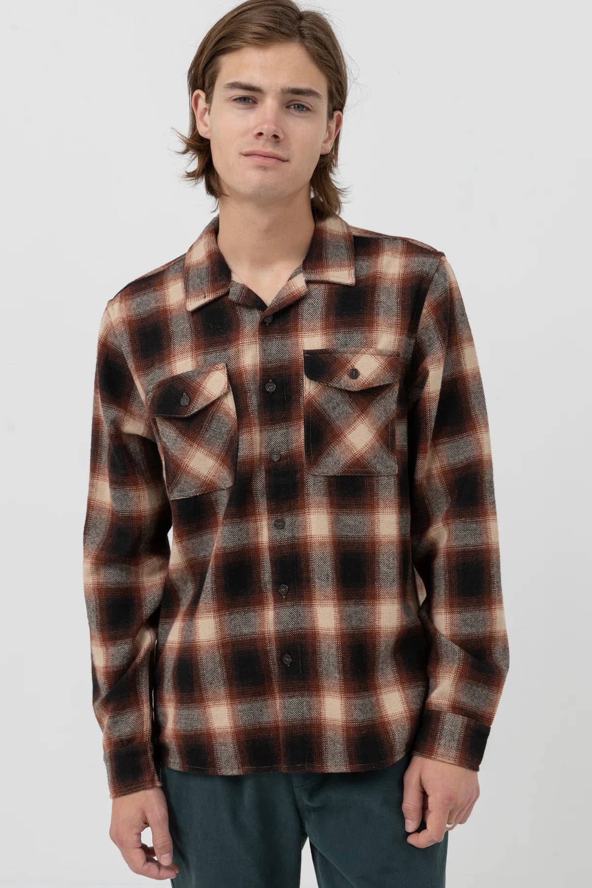 Rhythm Plaid Long Sleeve Flannel- Rust