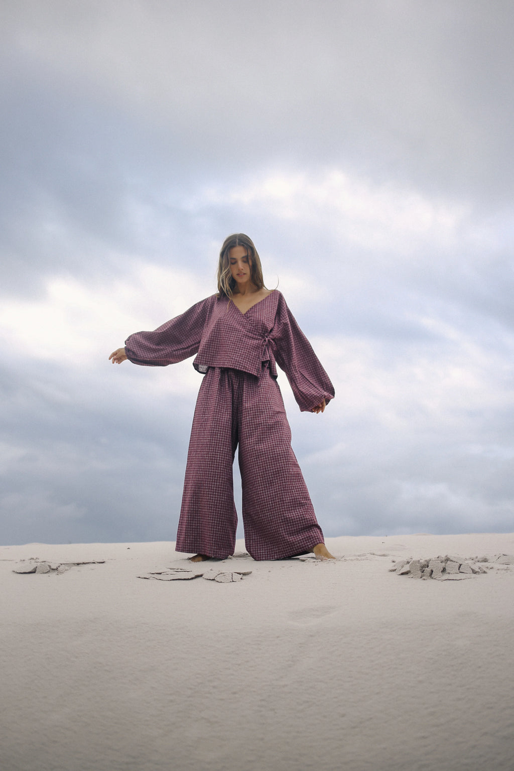 Ella Wrap Top - Fig Hemp Check