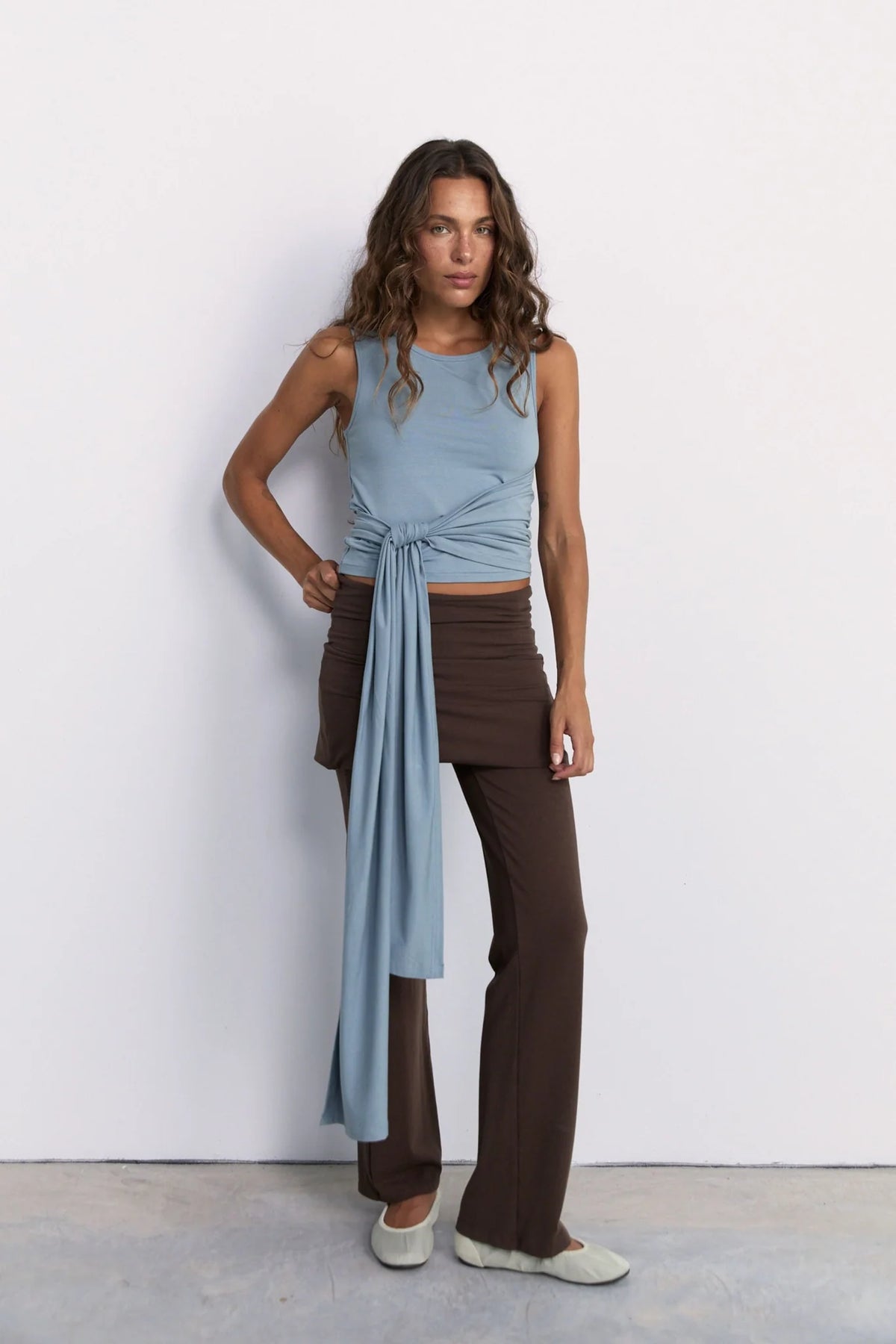 Belted wrap around top- washed blue