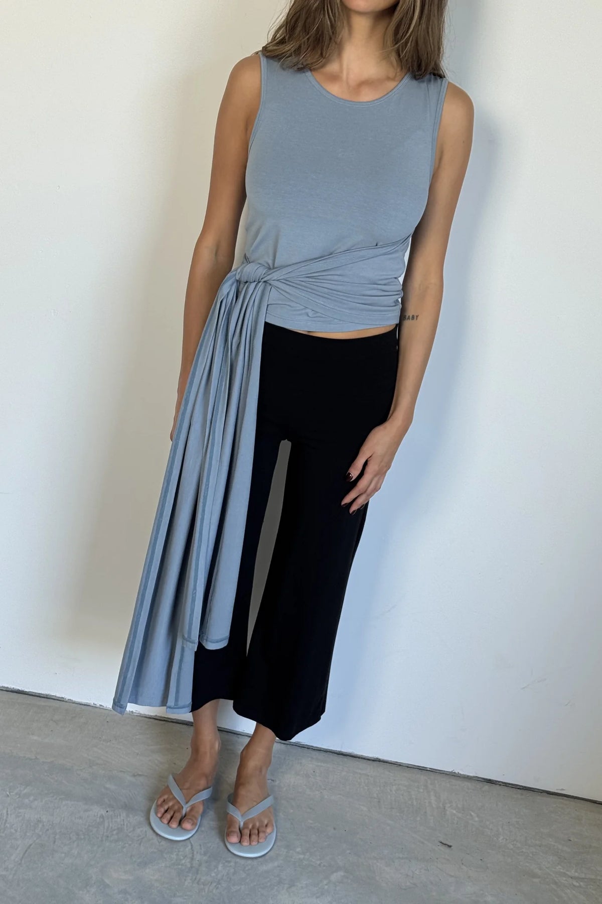Belted wrap around top- washed blue