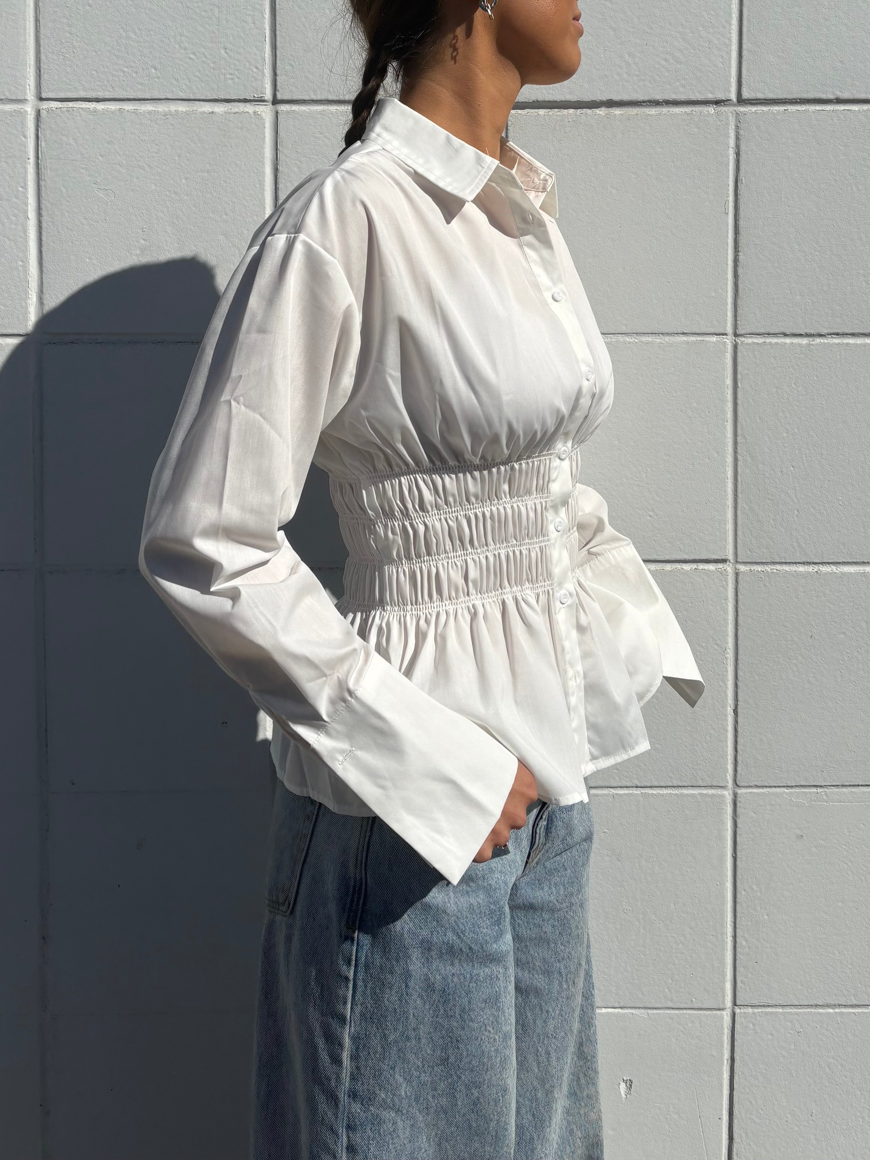 White Ruched Long Sleeve Shirt