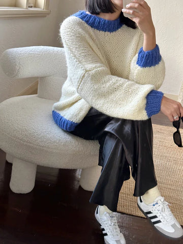 Desiree Oversized Merino Wool Jumper- Cream & Royal Blue