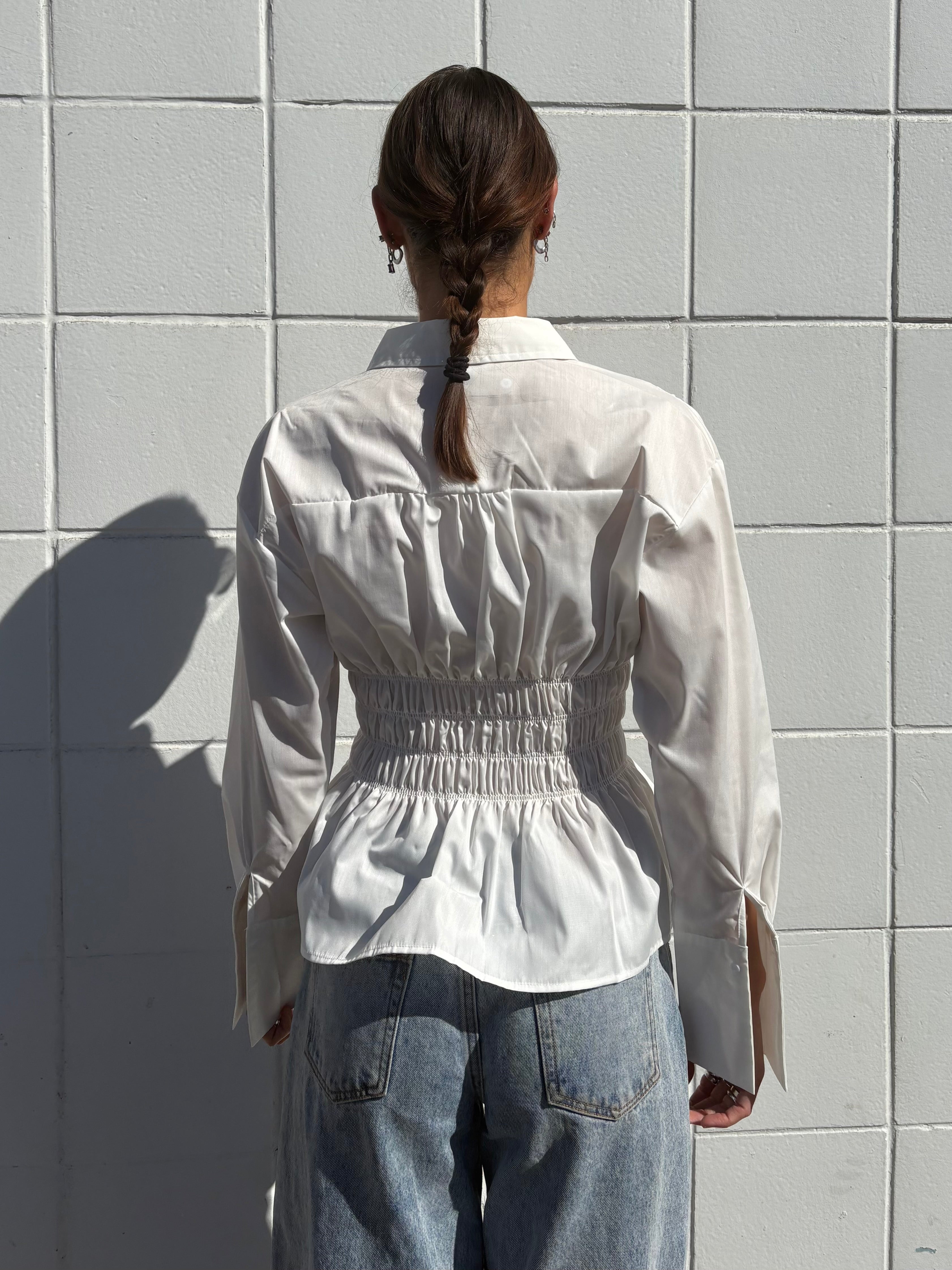 White Ruched Long Sleeve Shirt