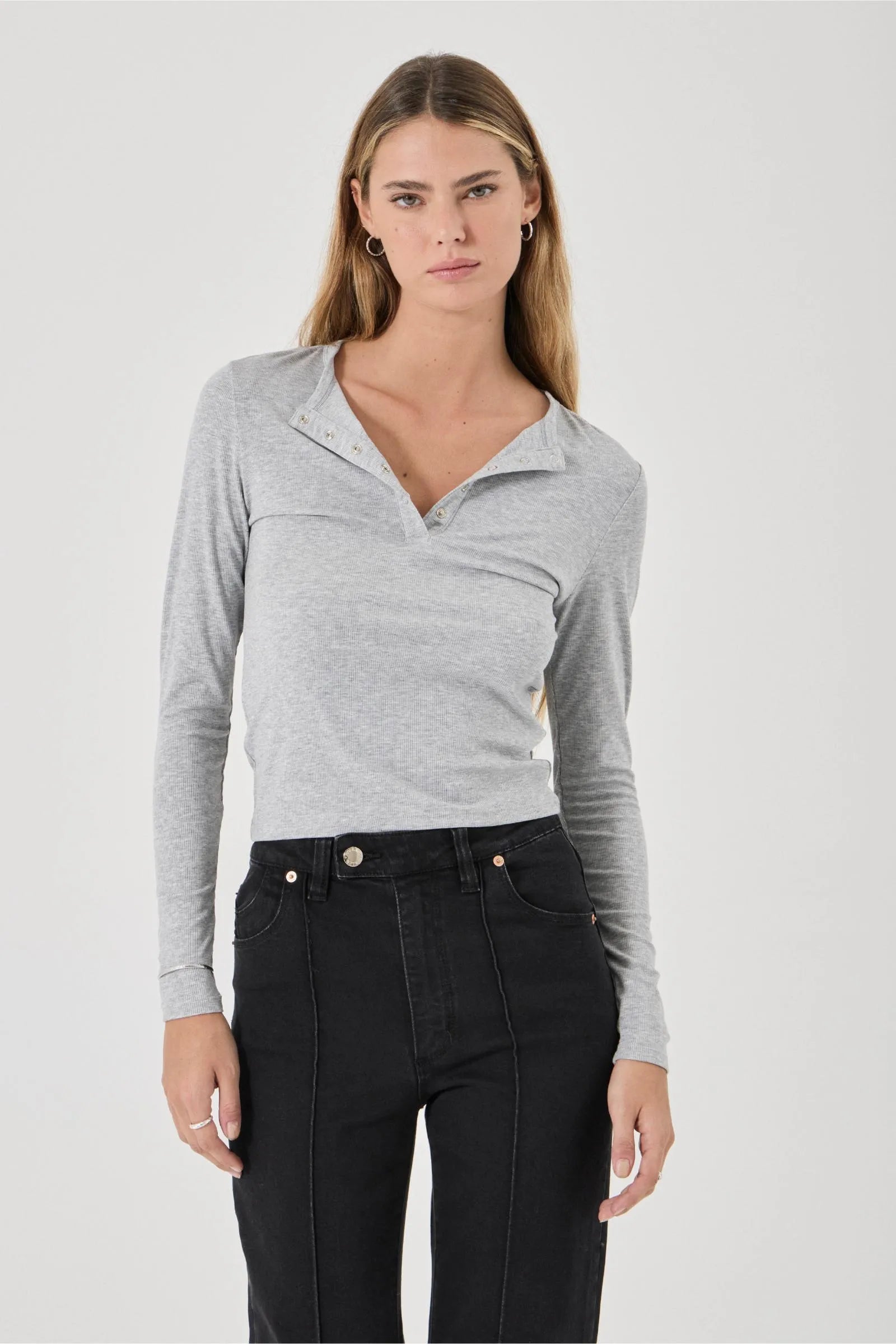 Studio Henley Long Sleeve Top - Grey Marle