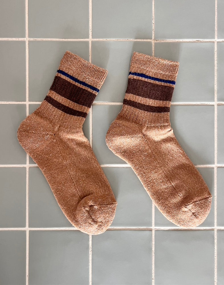 Organic Cotton Linen Pile Sole Line Socks - Blue