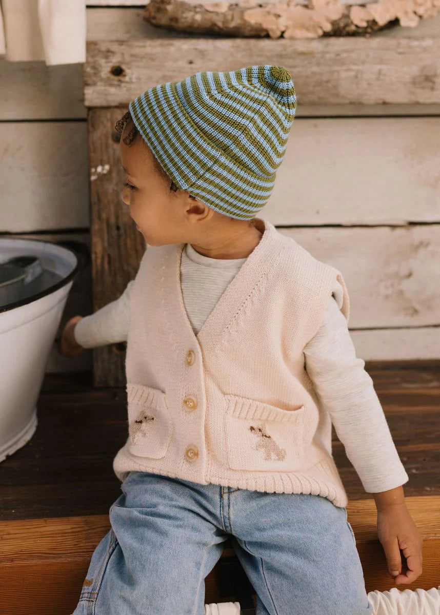 Berlin Merino Beanie - Green & Blue Stripe