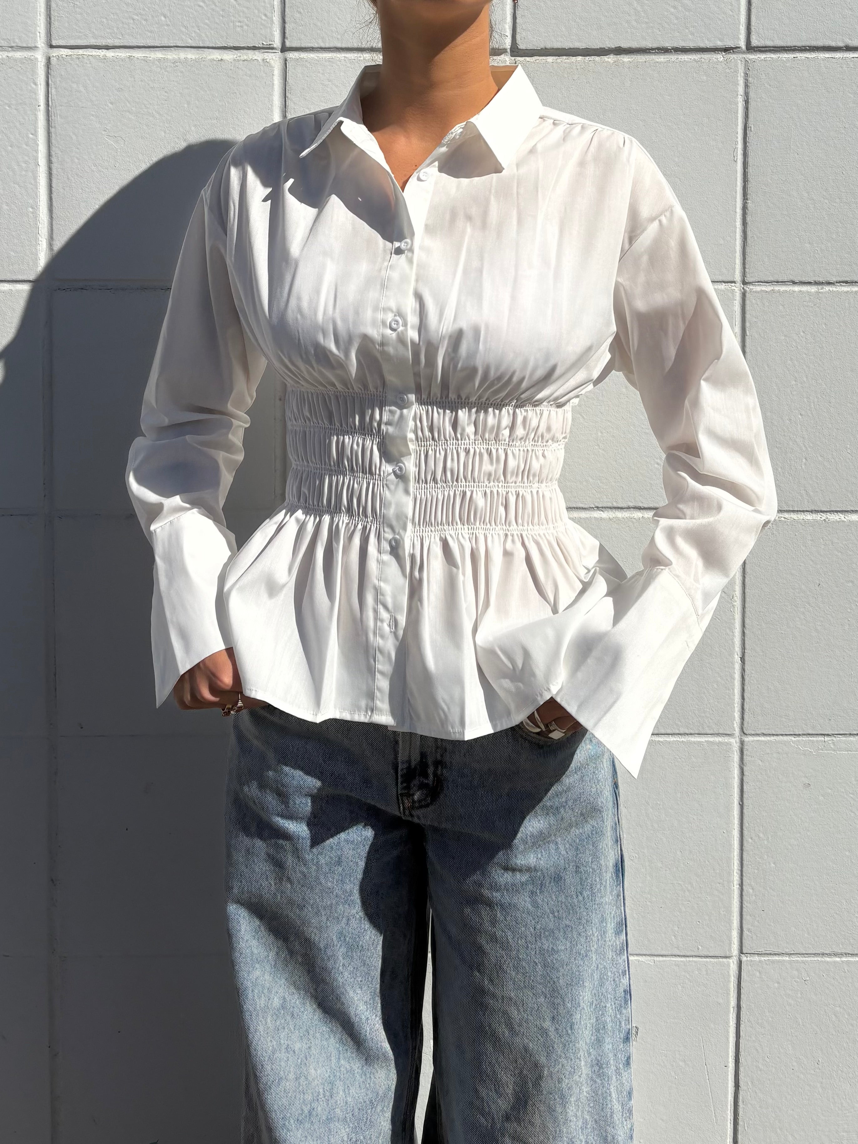 White Ruched Long Sleeve Shirt