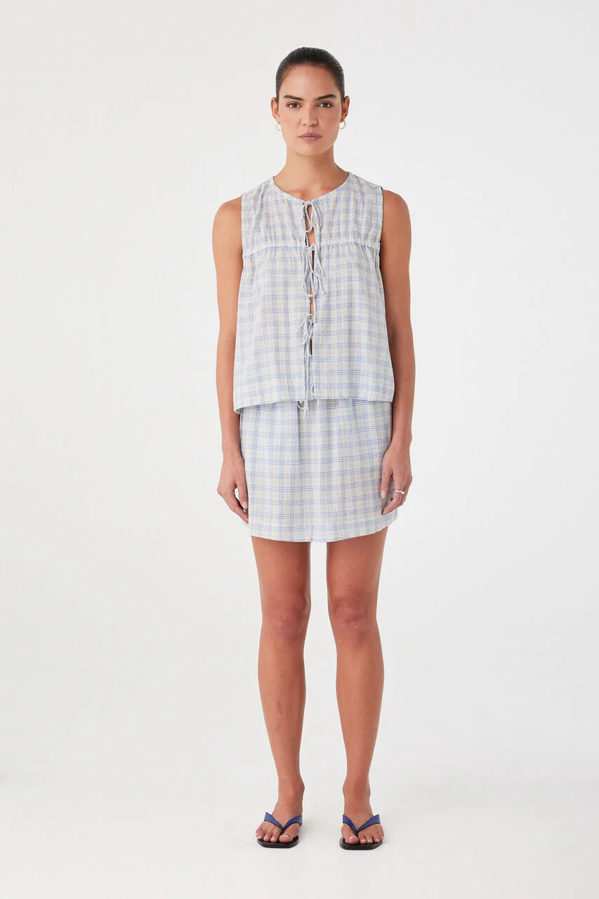 Camille Tie Top- Powder Blue Check