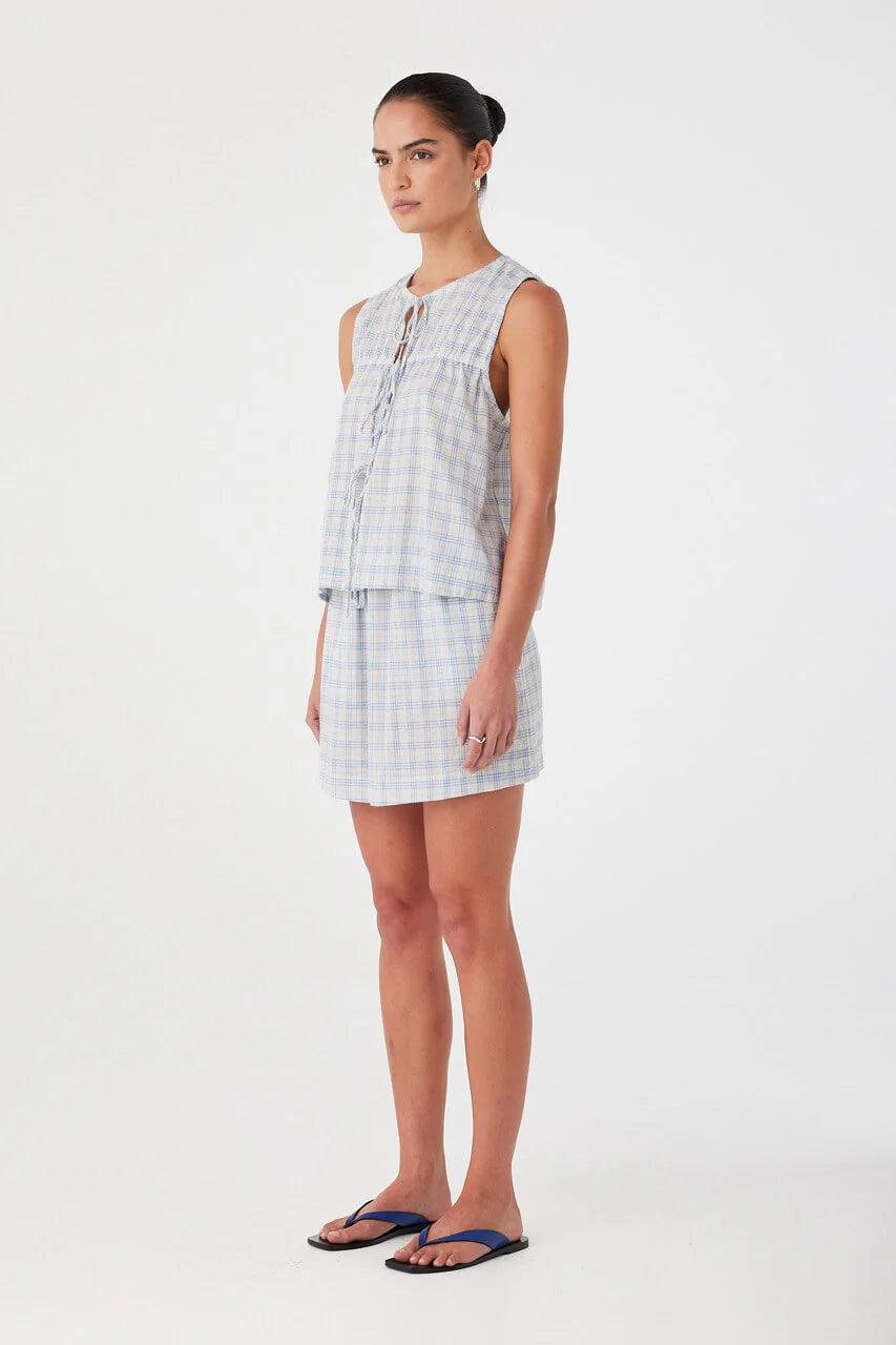 Camille Tie Top- Powder Blue Check
