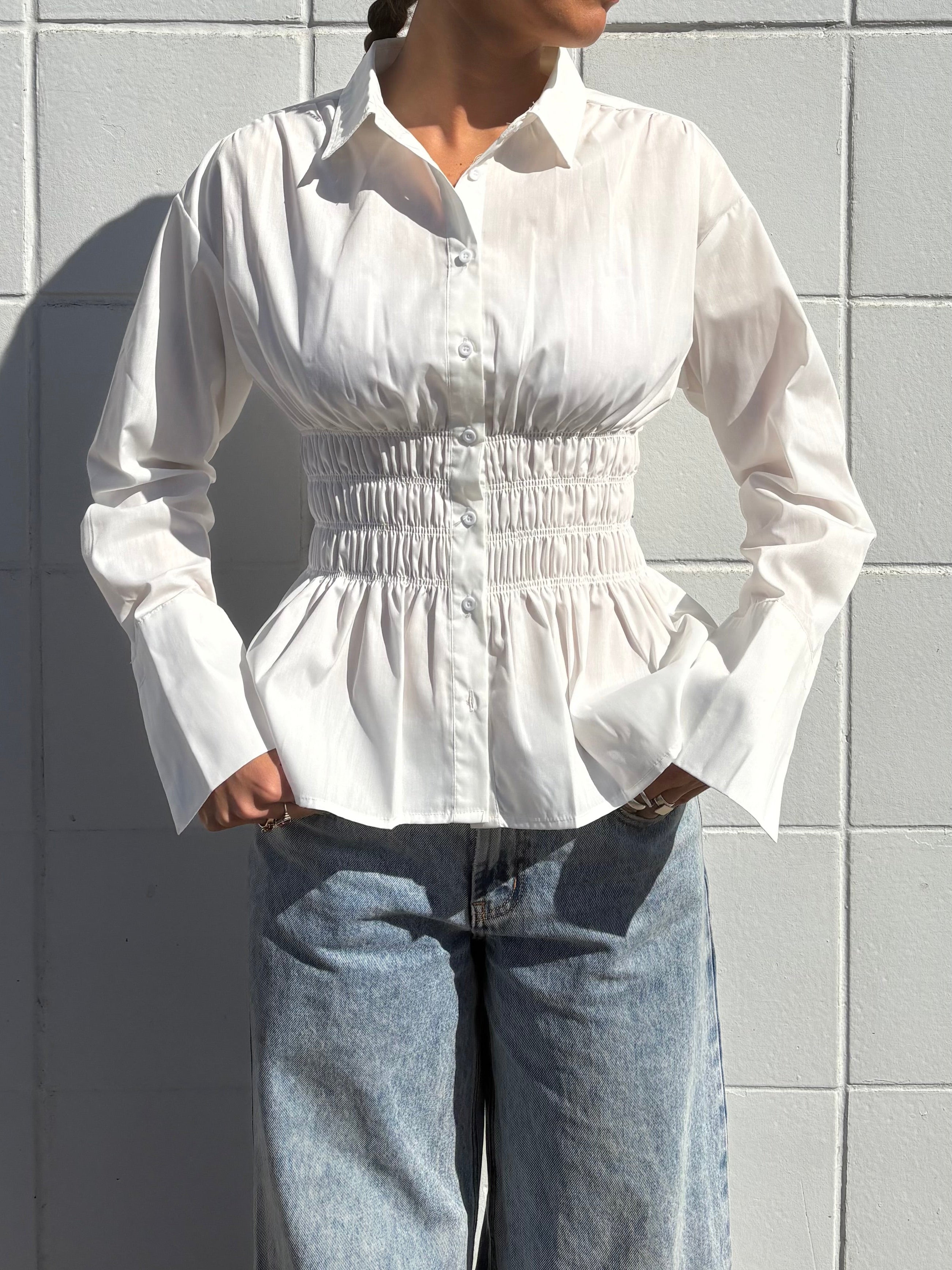 White Ruched Long Sleeve Shirt