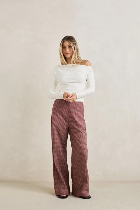 Lucy Check Wide Leg Pant - Rust