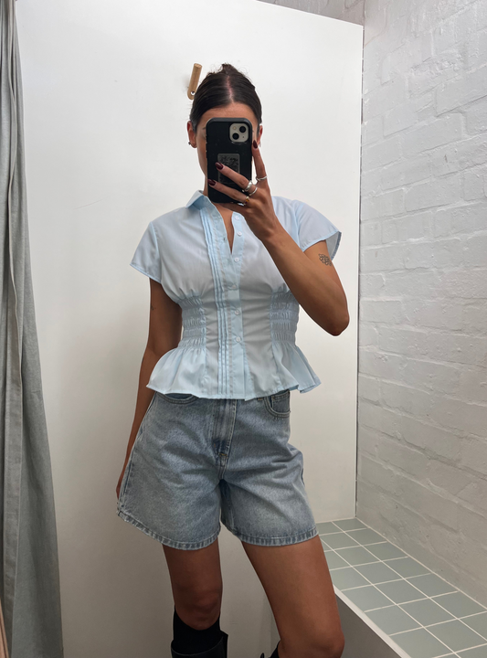 Sky Blue Ruched Shirt