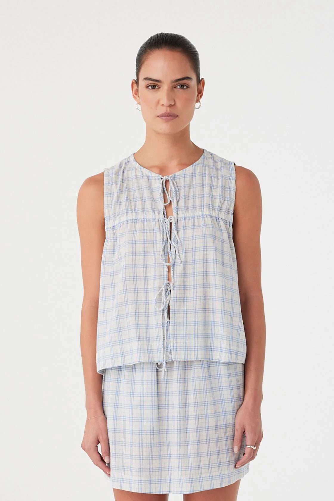 Camille Tie Top- Powder Blue Check