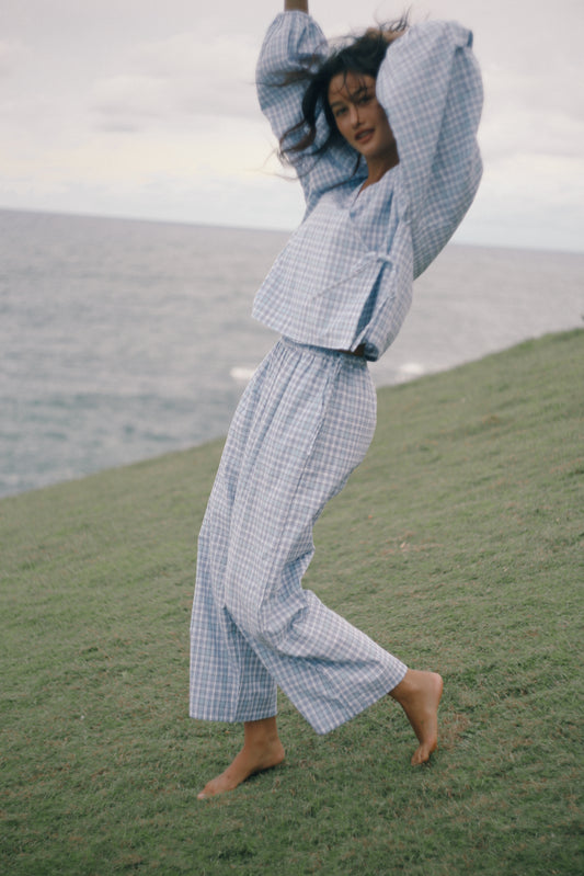 Chloe Tie Pant- Cloud Plaid