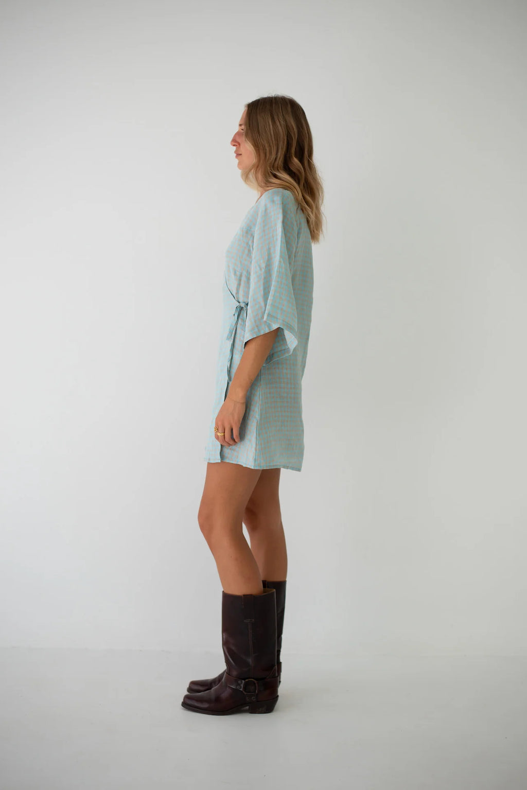 Mia Wrap Mini Dress Blue Beige Gingham