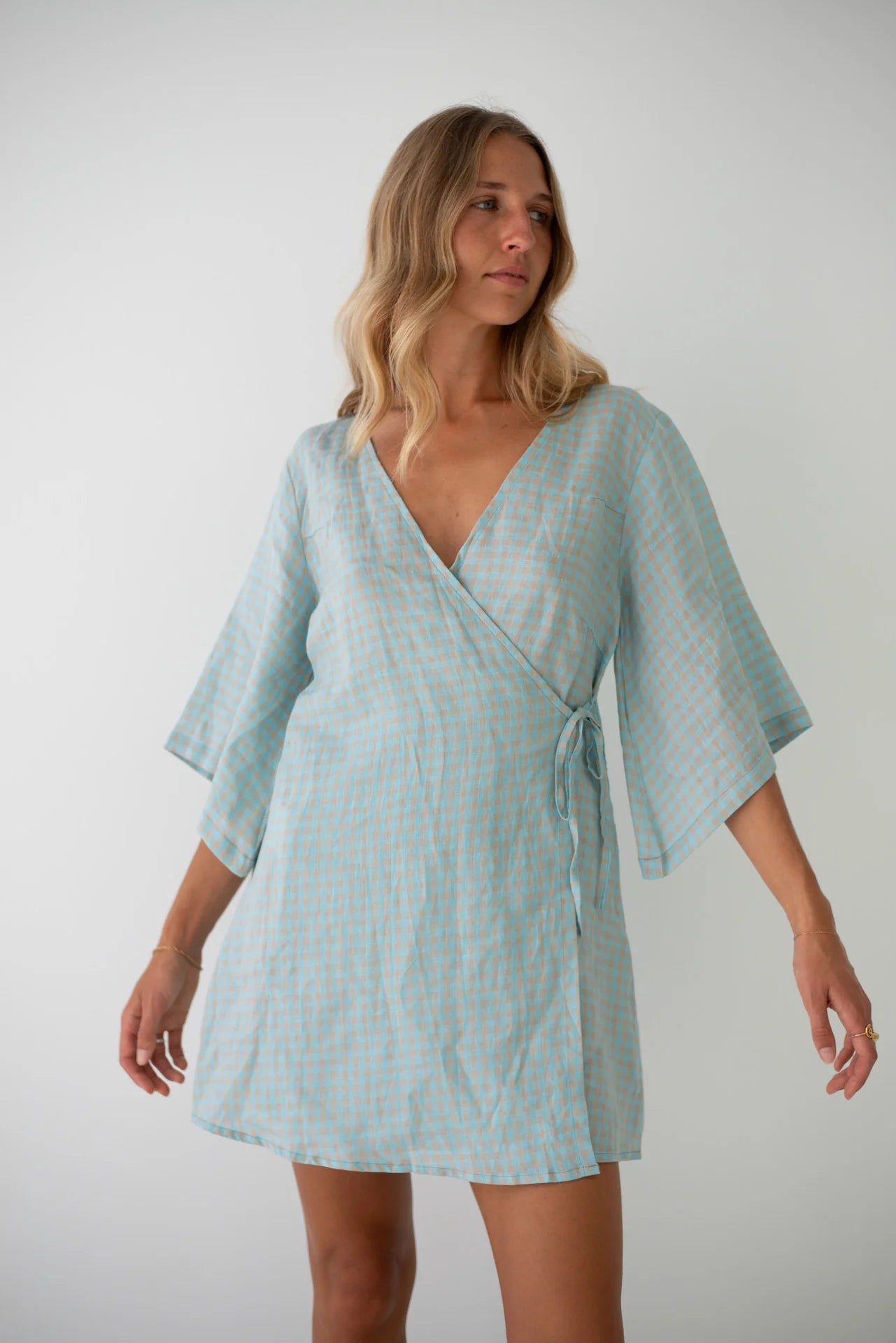 Mia Wrap Mini Dress Blue Beige Gingham