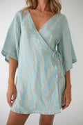 Mia Wrap Mini Dress Blue Beige Gingham