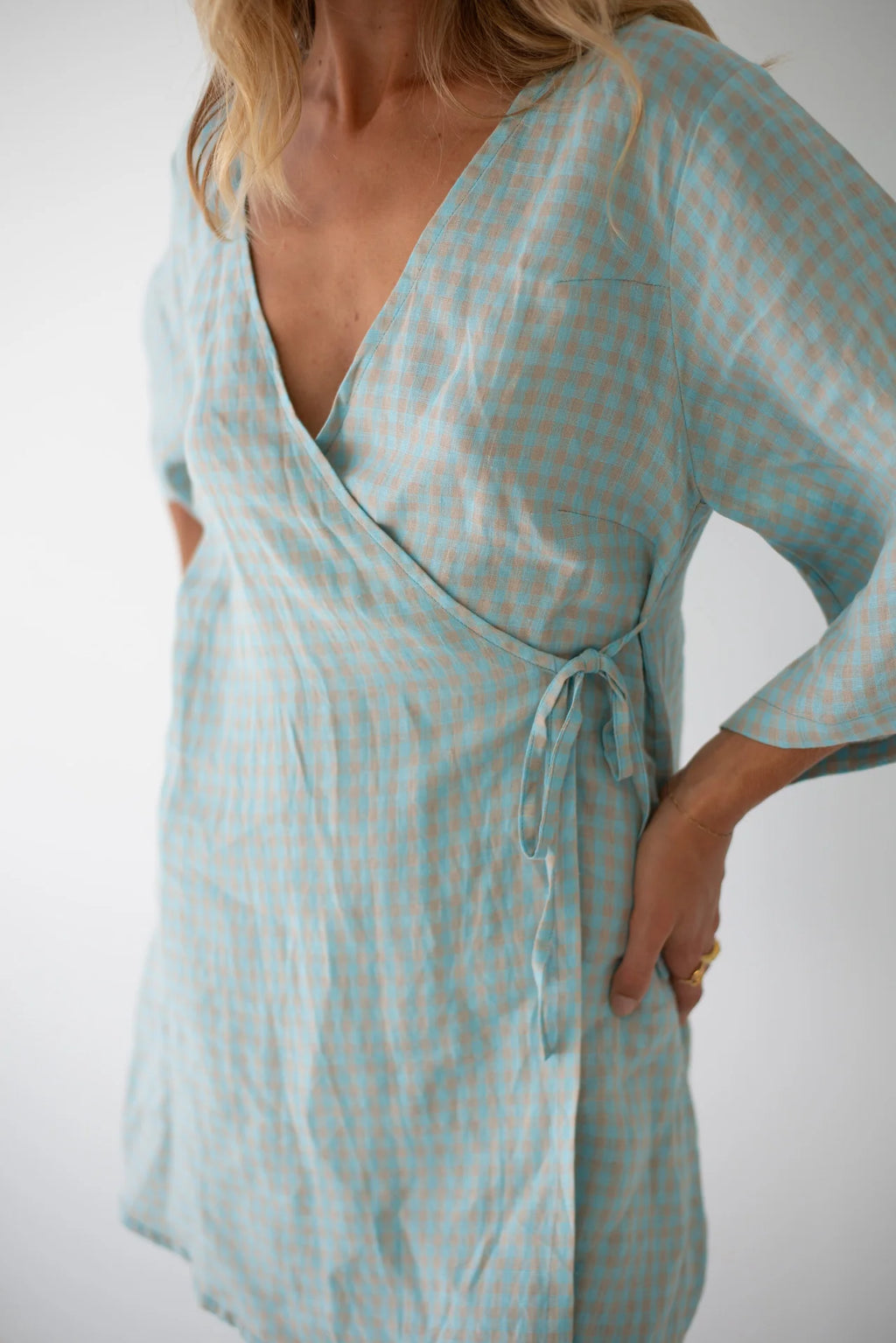 Mia Wrap Mini Dress Blue Beige Gingham
