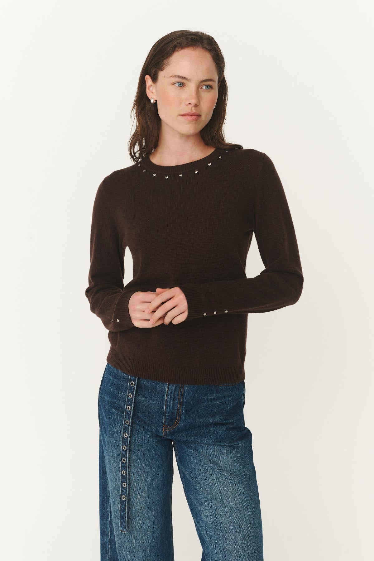 Emaline Stud Merino Knit Top - Dark Cacao