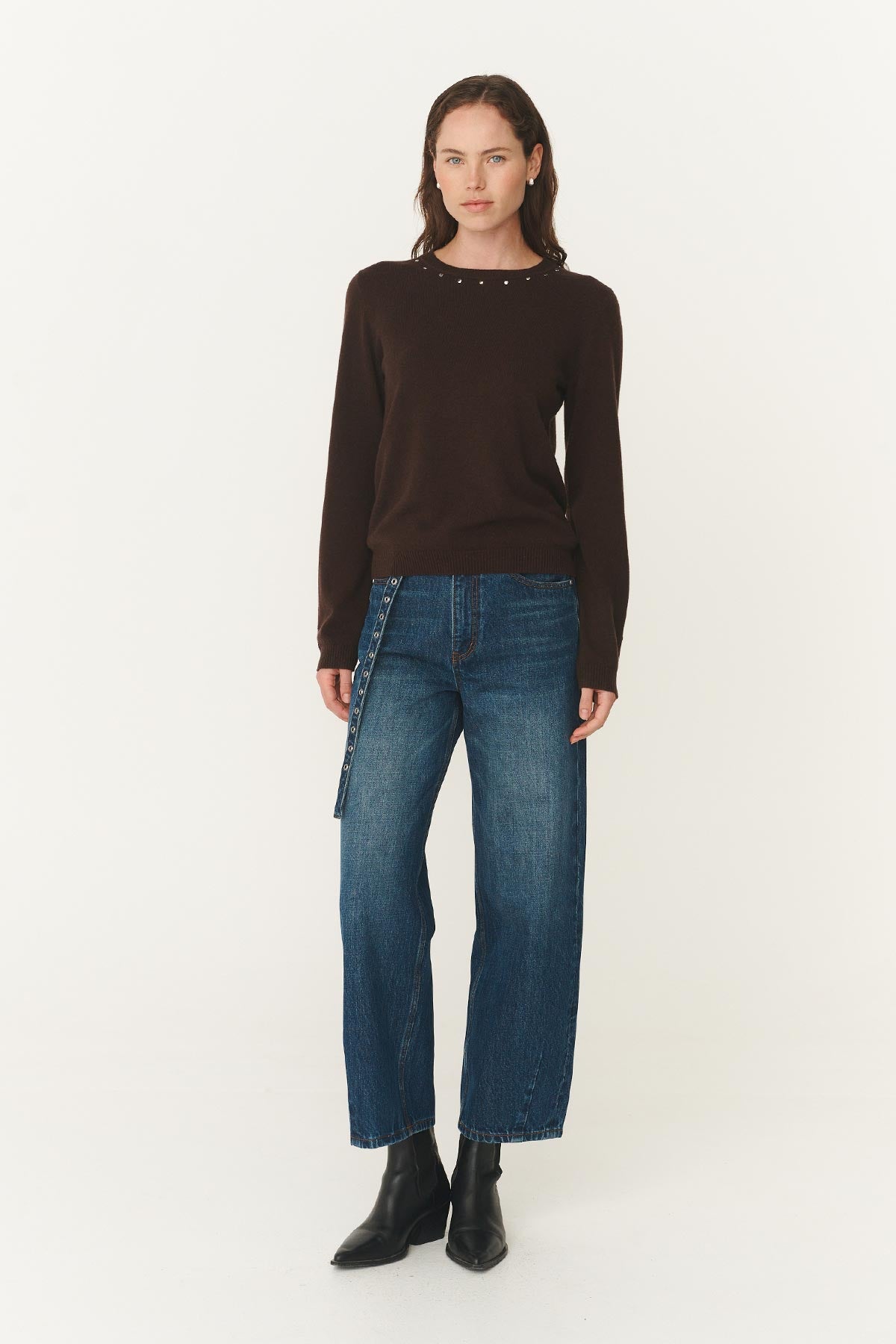 Emaline Stud Merino Knit Top - Dark Cacao