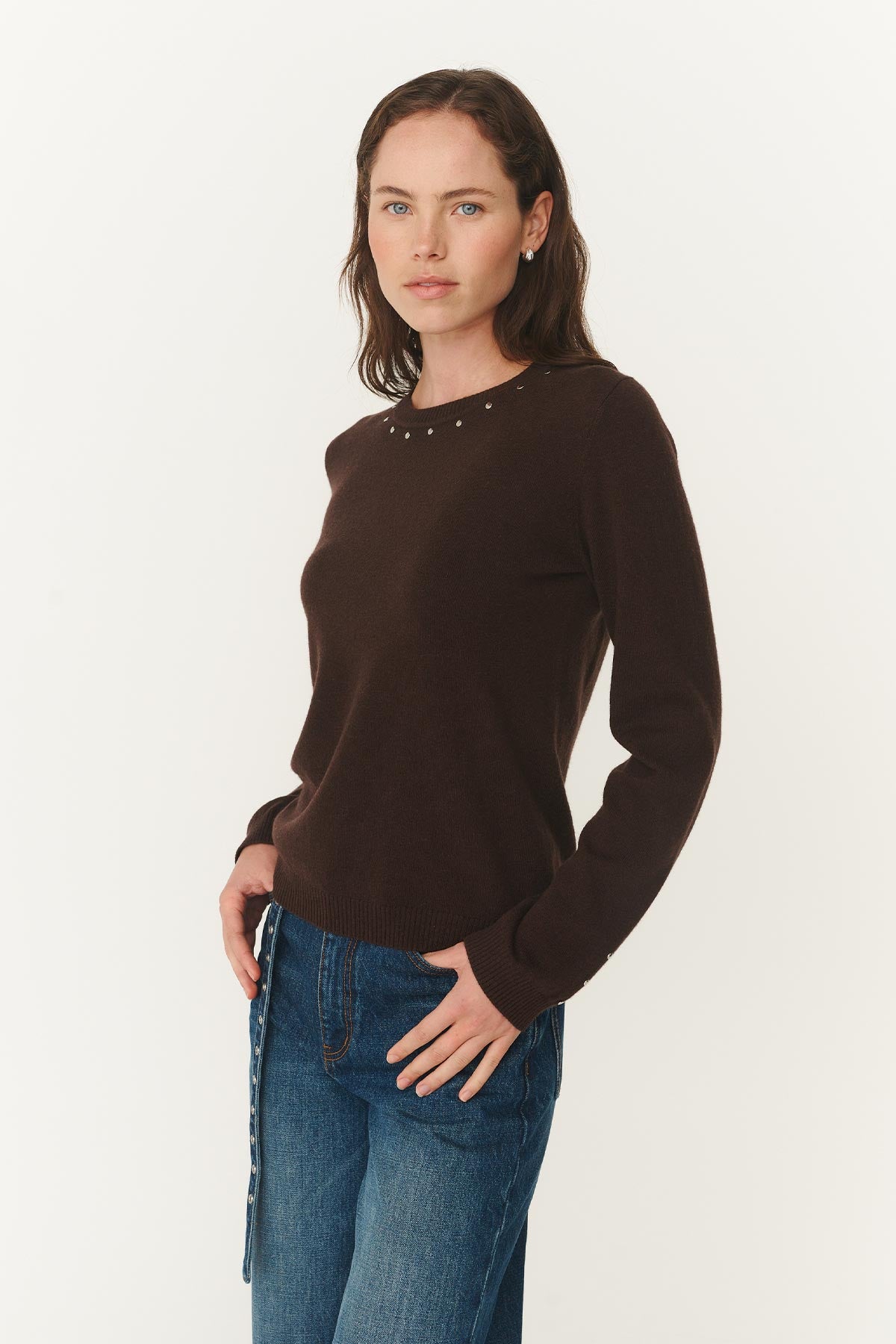 Emaline Stud Merino Knit Top - Dark Cacao