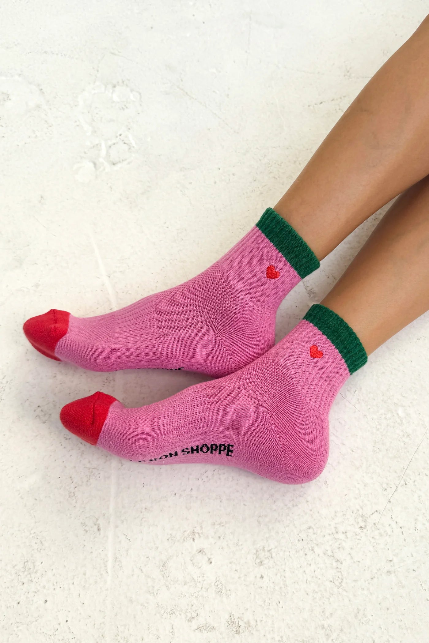 Embroidered Color Block Girlfriend Socks- Rose Green and Heart