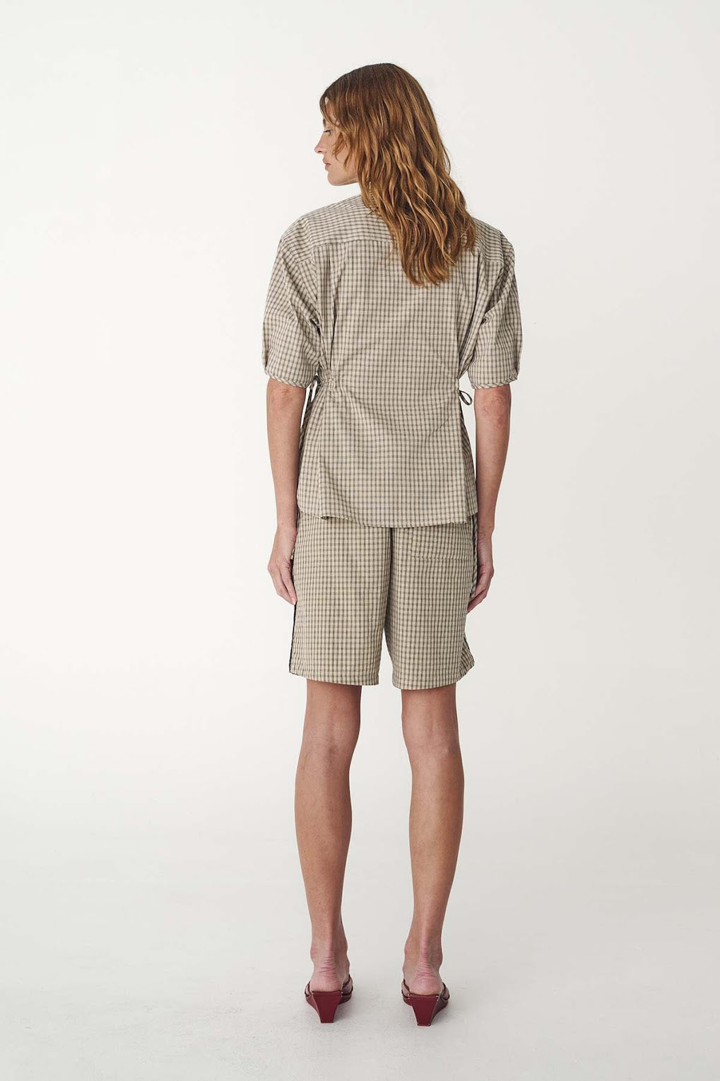 Frankie Tie Short Sleeve Shirt- Oat Check
