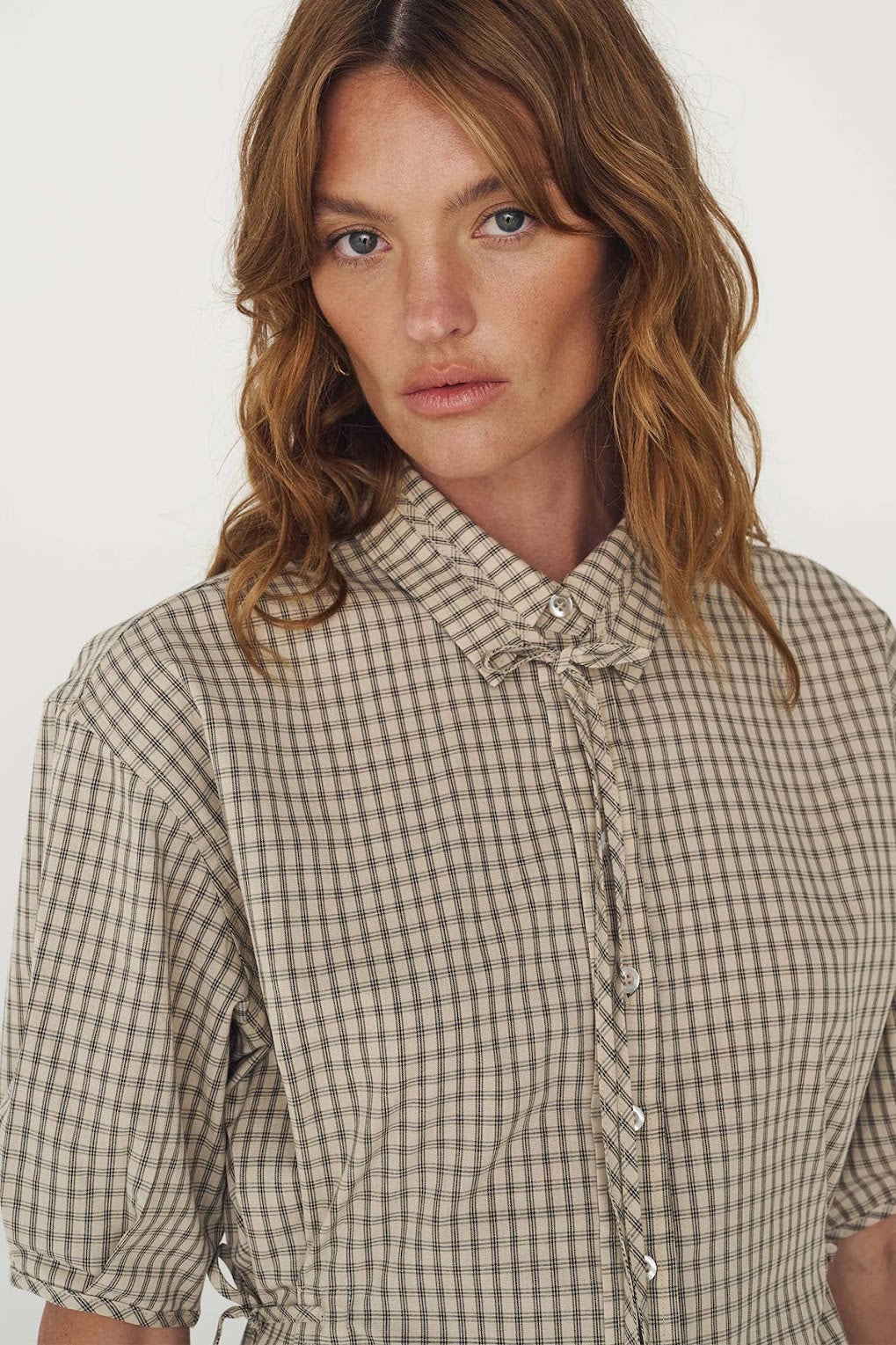 Frankie Tie Short Sleeve Shirt- Oat Check