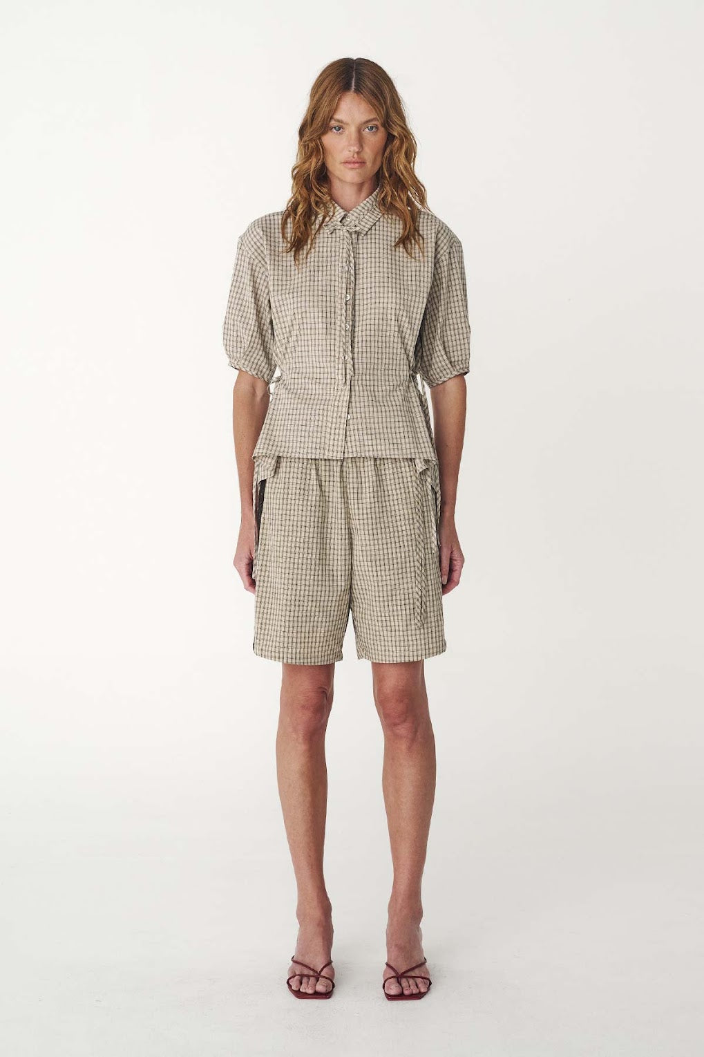 Frankie Tie Short Sleeve Shirt- Oat Check