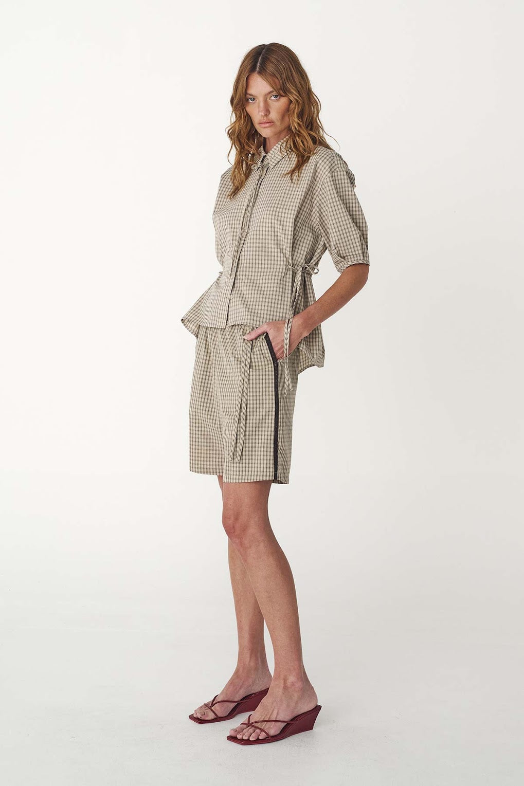 Frankie Tie Short Sleeve Shirt- Oat Check