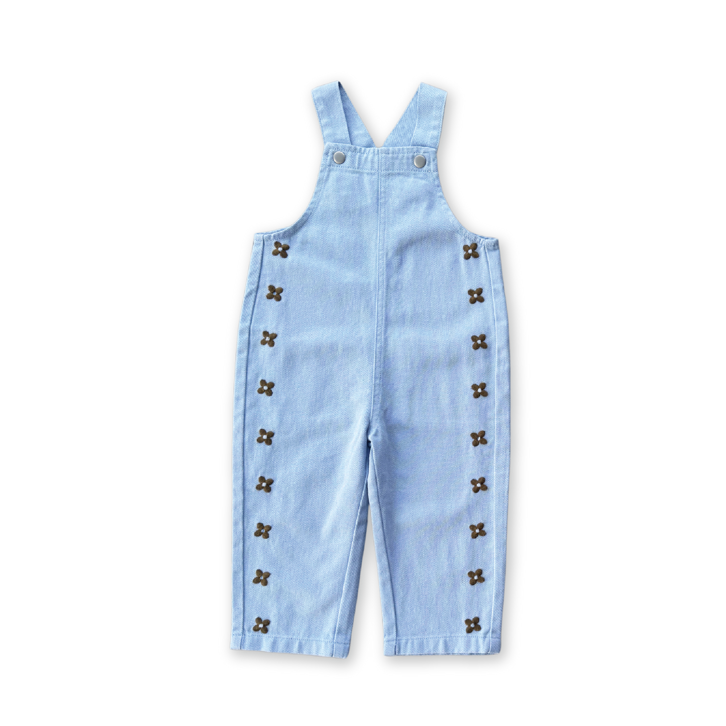 Organic Embroidery Posie Overalls- Ice Blue