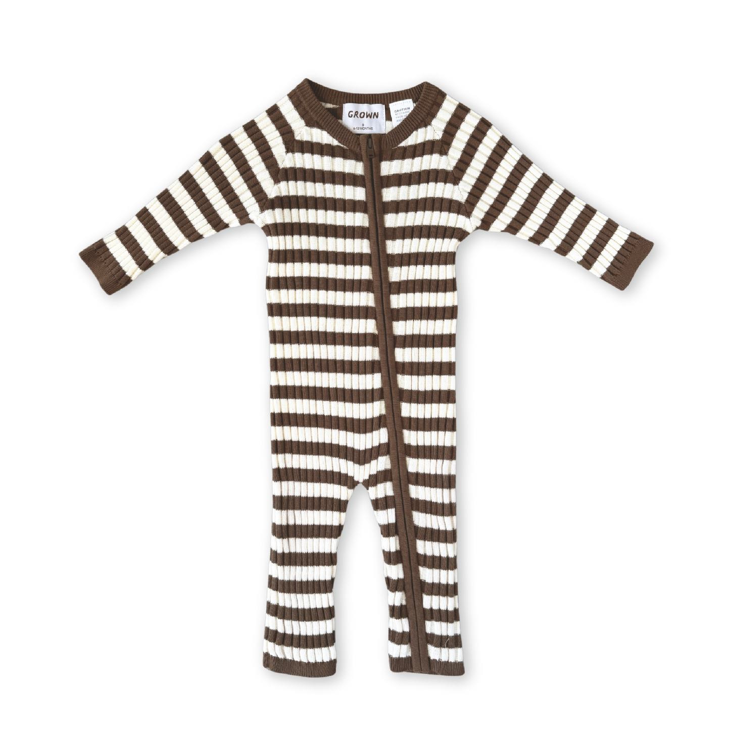 Organic Rib Stripe Knit Zipper Jumpsuit - Espresso & Milk