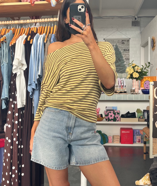 Yellow Stripe Off Shoulder Tee