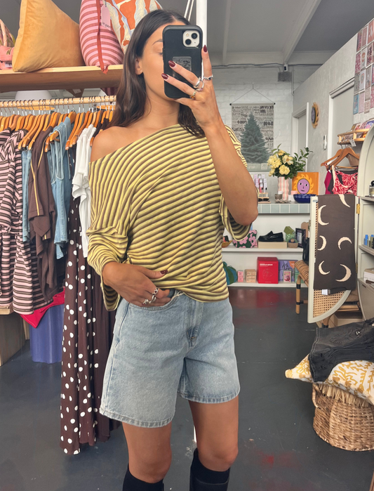 Yellow Stripe Off Shoulder Tee