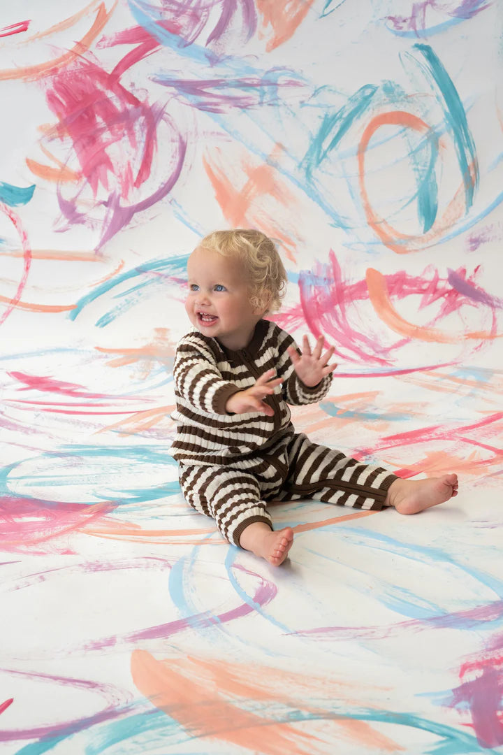 Organic Rib Stripe Knit Zipper Jumpsuit - Espresso & Milk